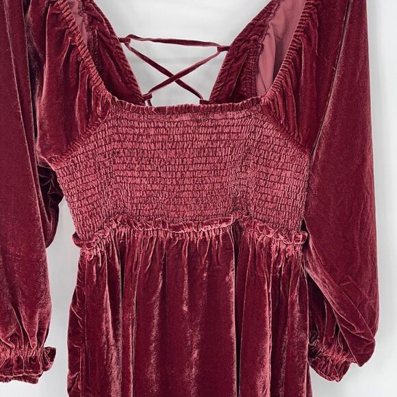 Free People Womens Velvet Lace Up Dress Daphne Long Sleeve Lined Red Size Medium - Picture 3 of 13